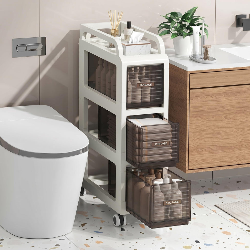 7.87" Wide Slim Bathroom Storage with Drawers and Wheels B200