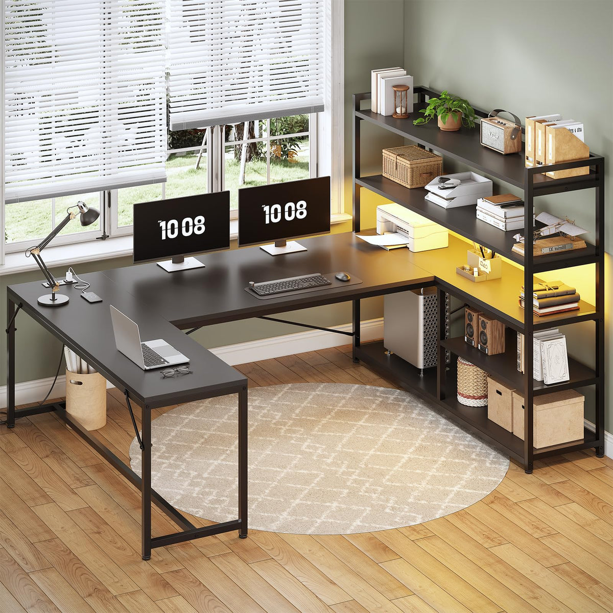 Black L Shaped Gaming Desk with Power Outlet and Storage Shelves X515138