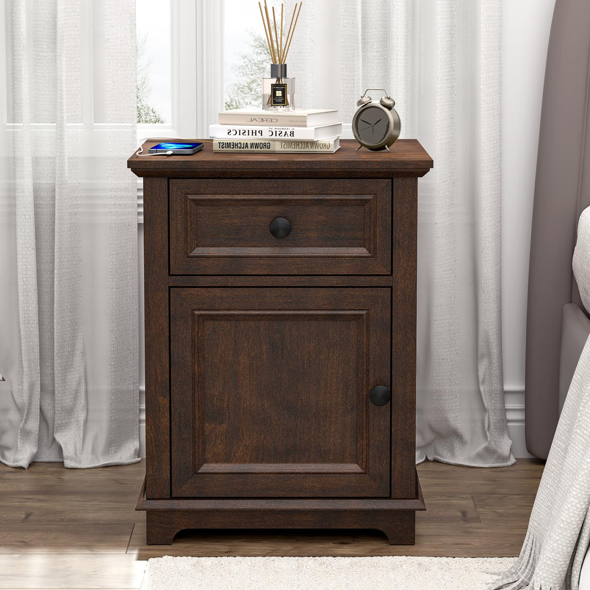 24" Tall End Table with Charging Station, Drawer & Storage Cabinet, Cherry F3197