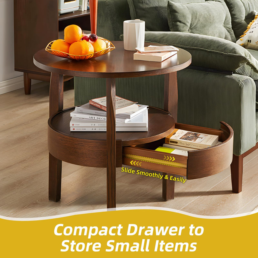 Dark Brown 2-Tier Round Coffee Table with Drawer E6310