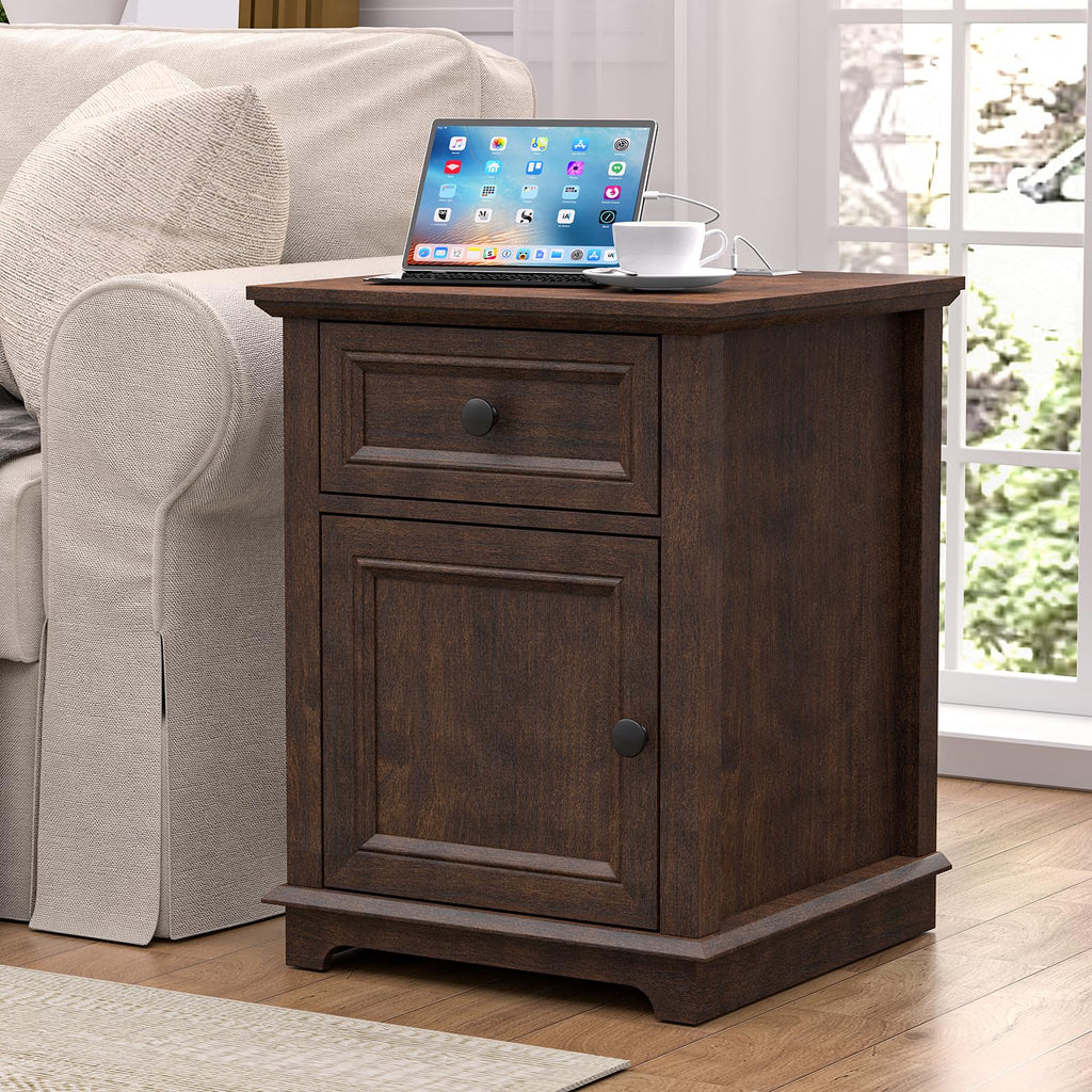 24" Tall End Table with Charging Station, Drawer & Storage Cabinet, Cherry F3197