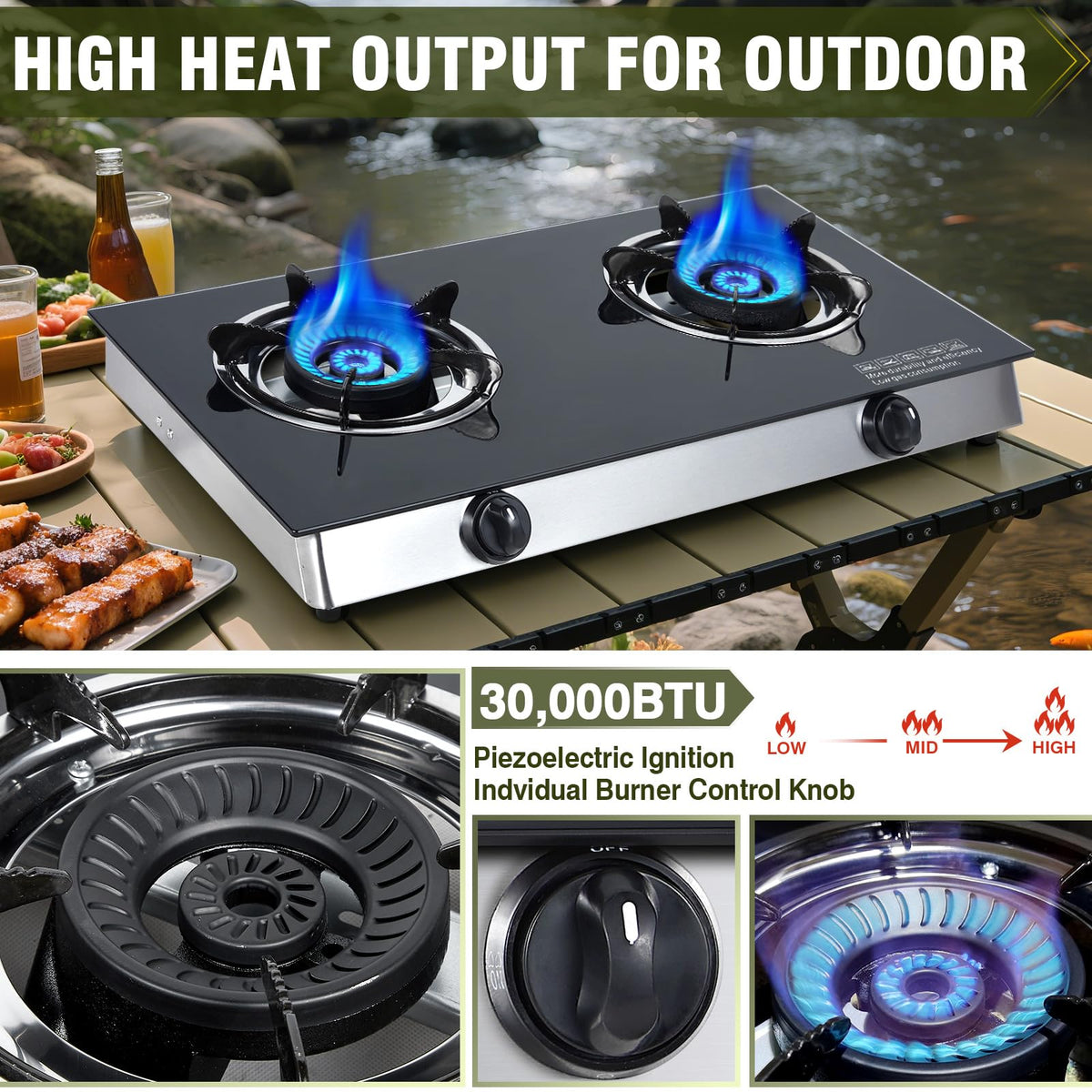 2-Burner Propane Gas Cooktop Portable Tempered Glass Stove E8844