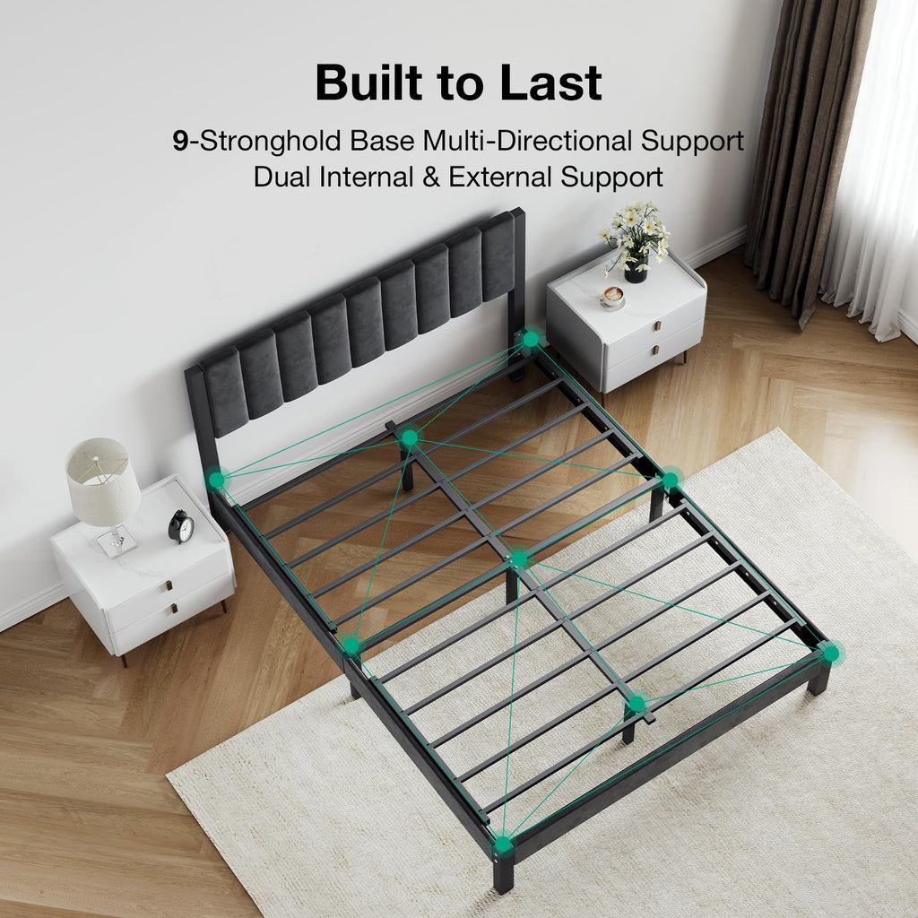 Twin Size Metal Platform Bed Frame with Velvet Headboard and Footboard K426