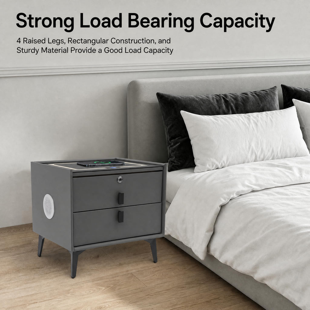 Nightstand with Charging Station, 2 Drawers, Fingerprint Lock, LED Light I392