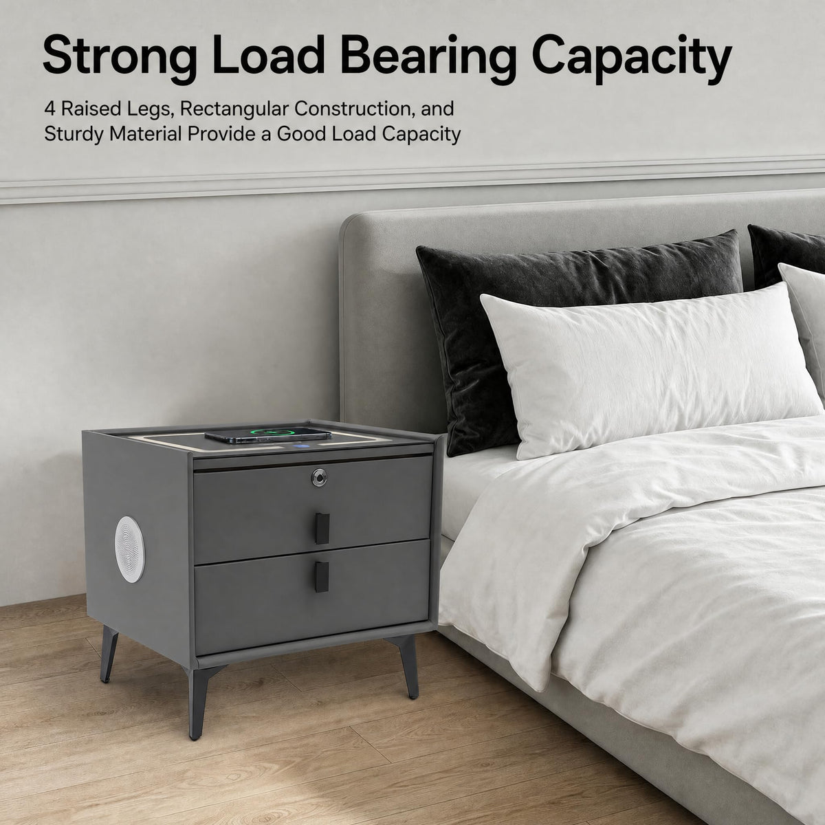 Nightstand with Charging Station, 2 Drawers, Fingerprint Lock, LED Light I392