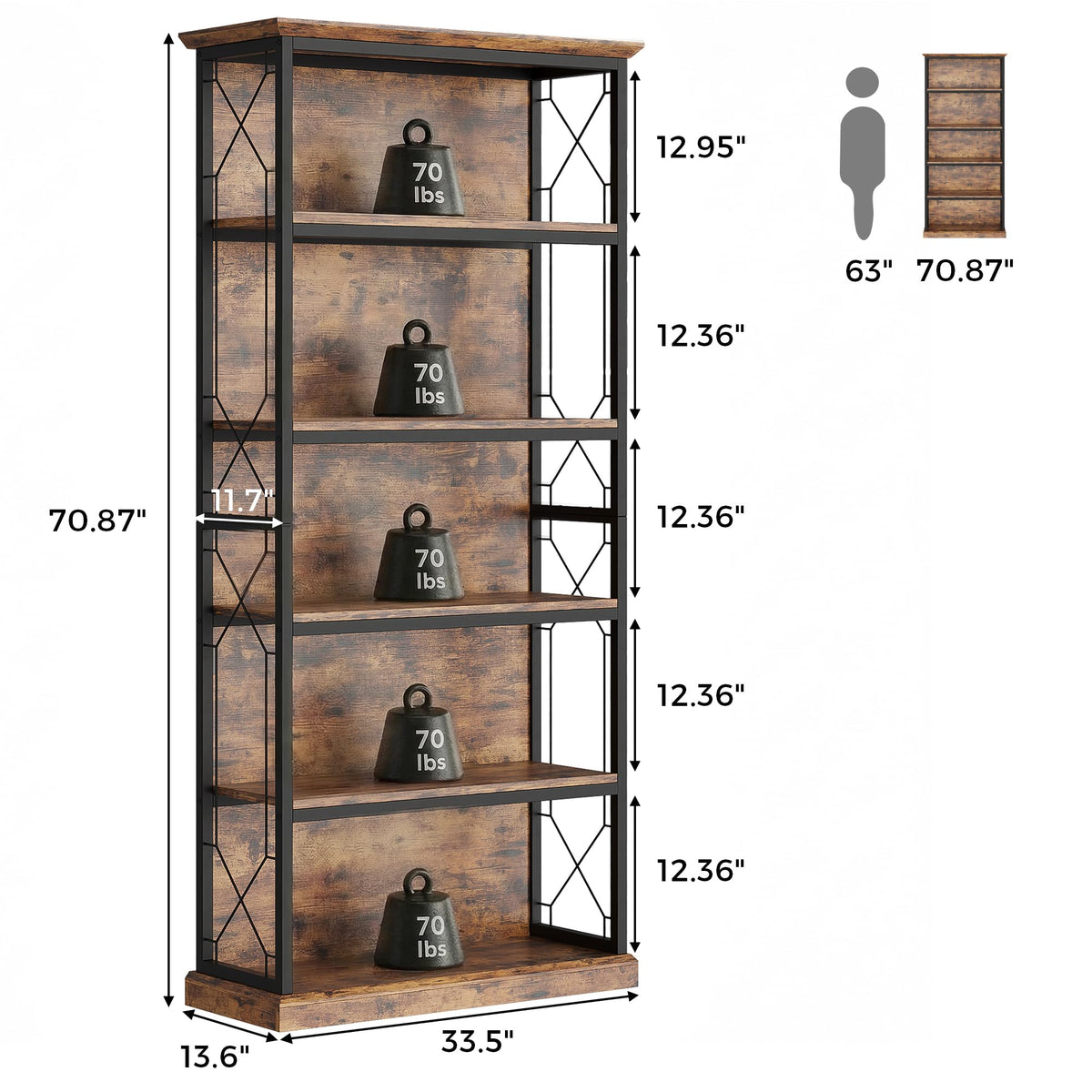71 Inch 5 Tier Rustic Wood Bookshelf I29660