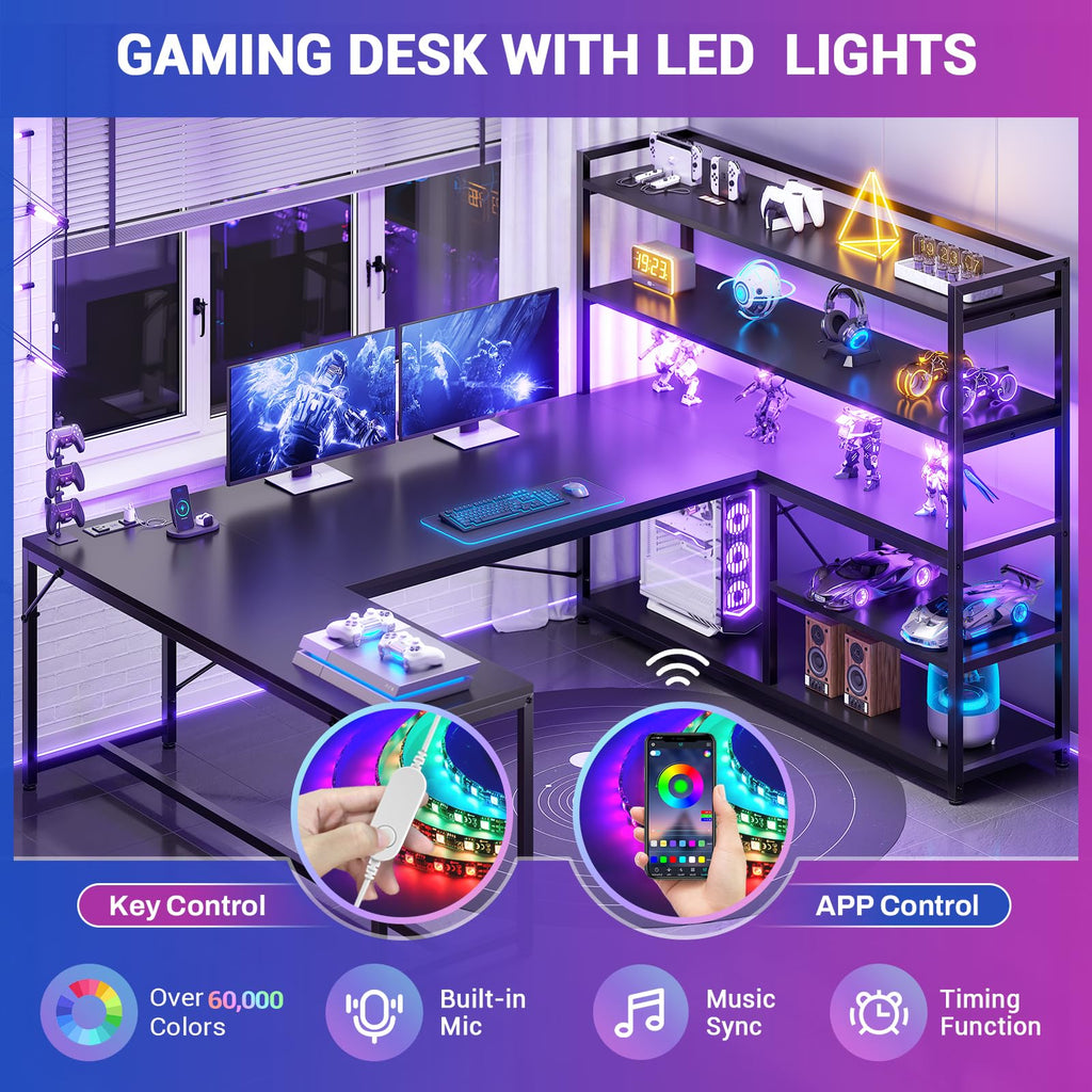 Black L Shaped Gaming Desk with Power Outlet and Storage Shelves X515138