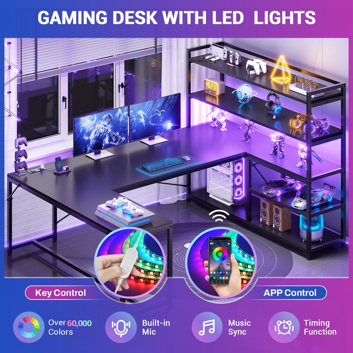 Black L Shaped Gaming Desk with Power Outlet and Storage Shelves X515138