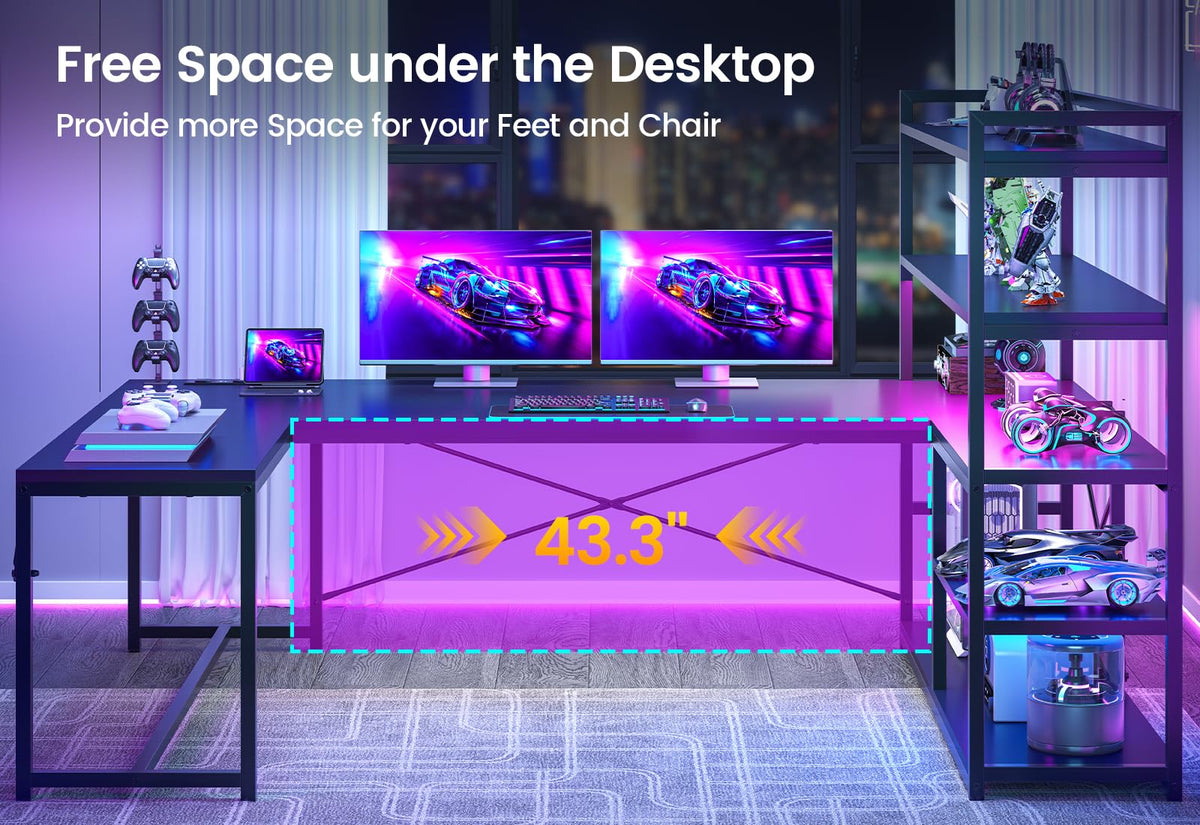 Black L Shaped Gaming Desk with Power Outlet and Storage Shelves X515138