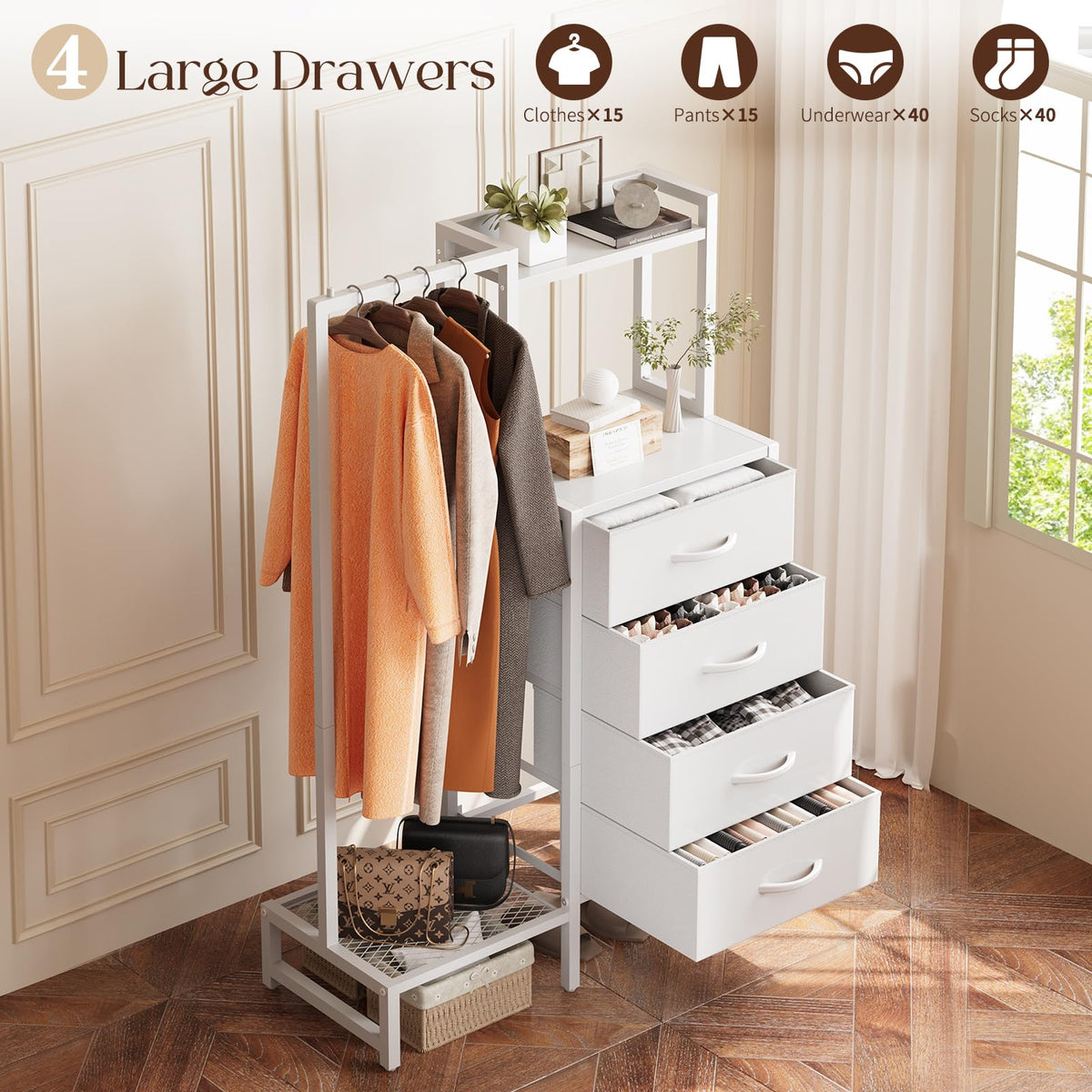 White 4 Drawer Dresser with Hanging Rack E7752
