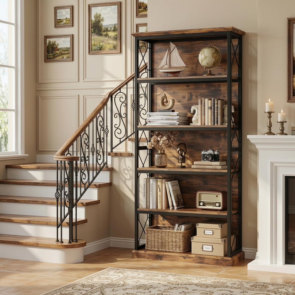 71 Inch 5 Tier Rustic Wood Bookshelf I29660