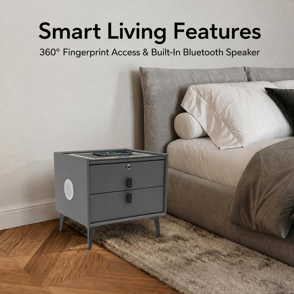 Nightstand with Charging Station, 2 Drawers, Fingerprint Lock, LED Light I392
