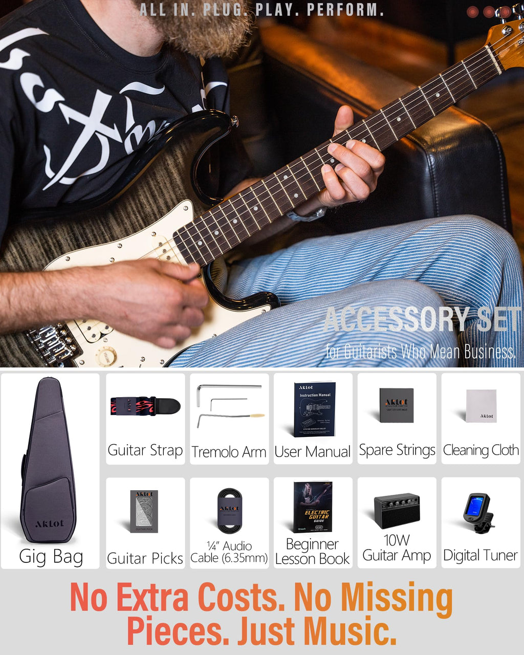 Beginner Electric Guitar Kit with 10W Amp, HSS Pickups, Gig Bag, Tuner, Strap, Picks, Black V627