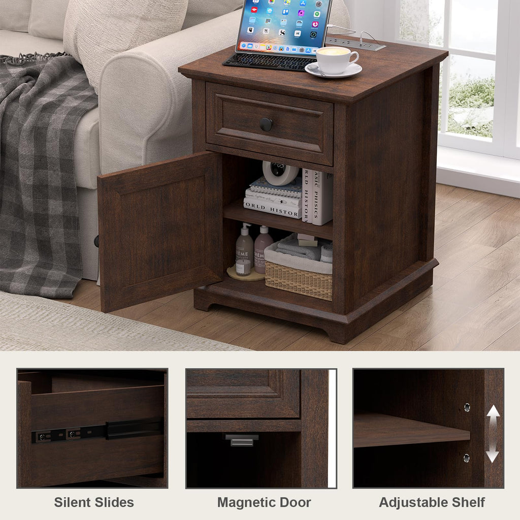24" Tall End Table with Charging Station, Drawer & Storage Cabinet, Cherry F3197