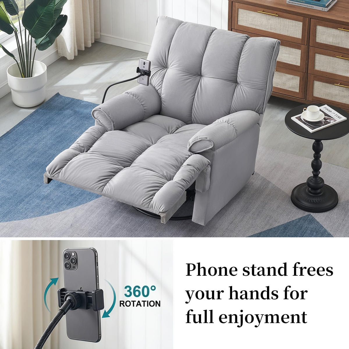 Velvet Swivel Recliner Accent Chair with Detachable Side Phone Holder S1055