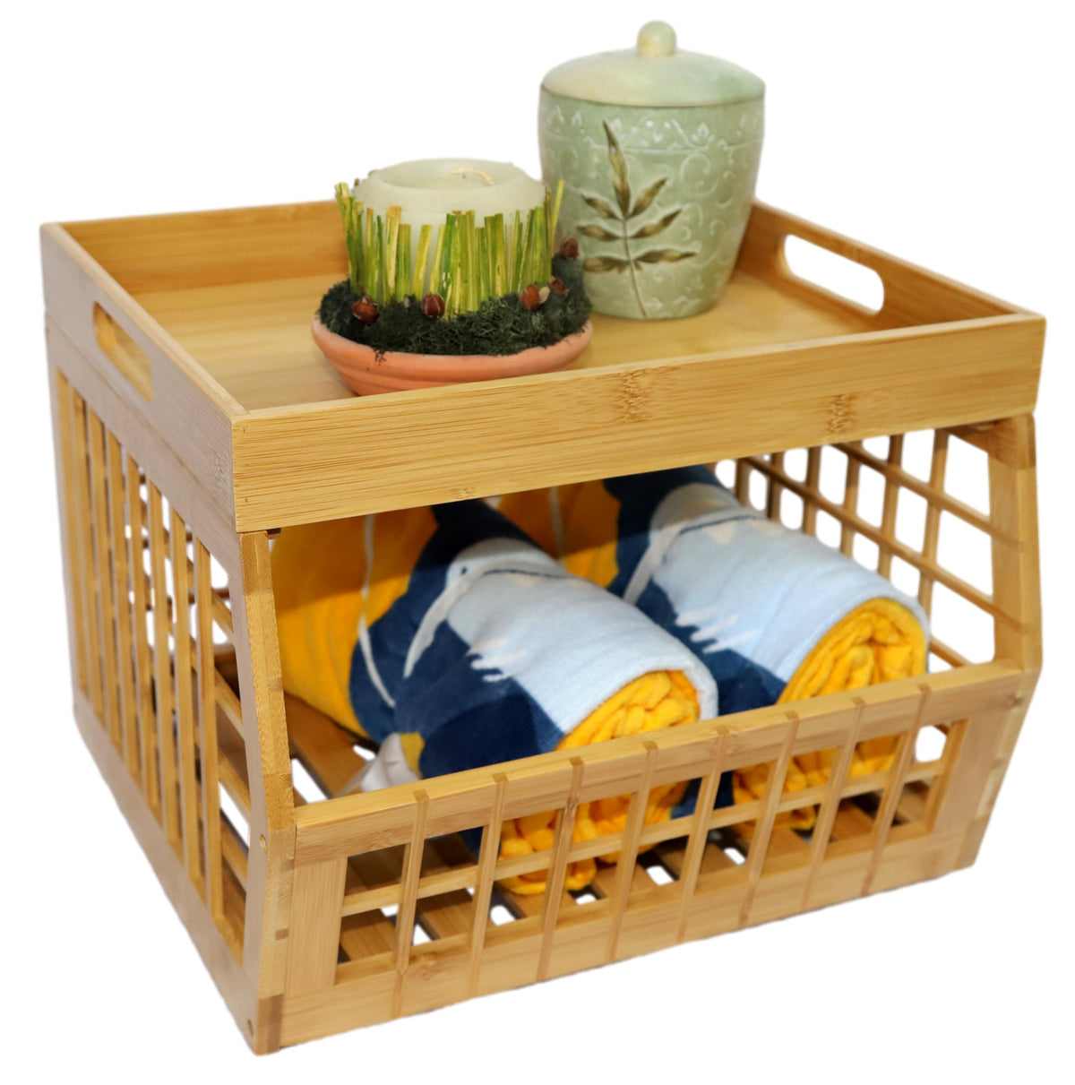 Bamboo Stackable Medium Storage Bins with Serving Tray Lid U27618