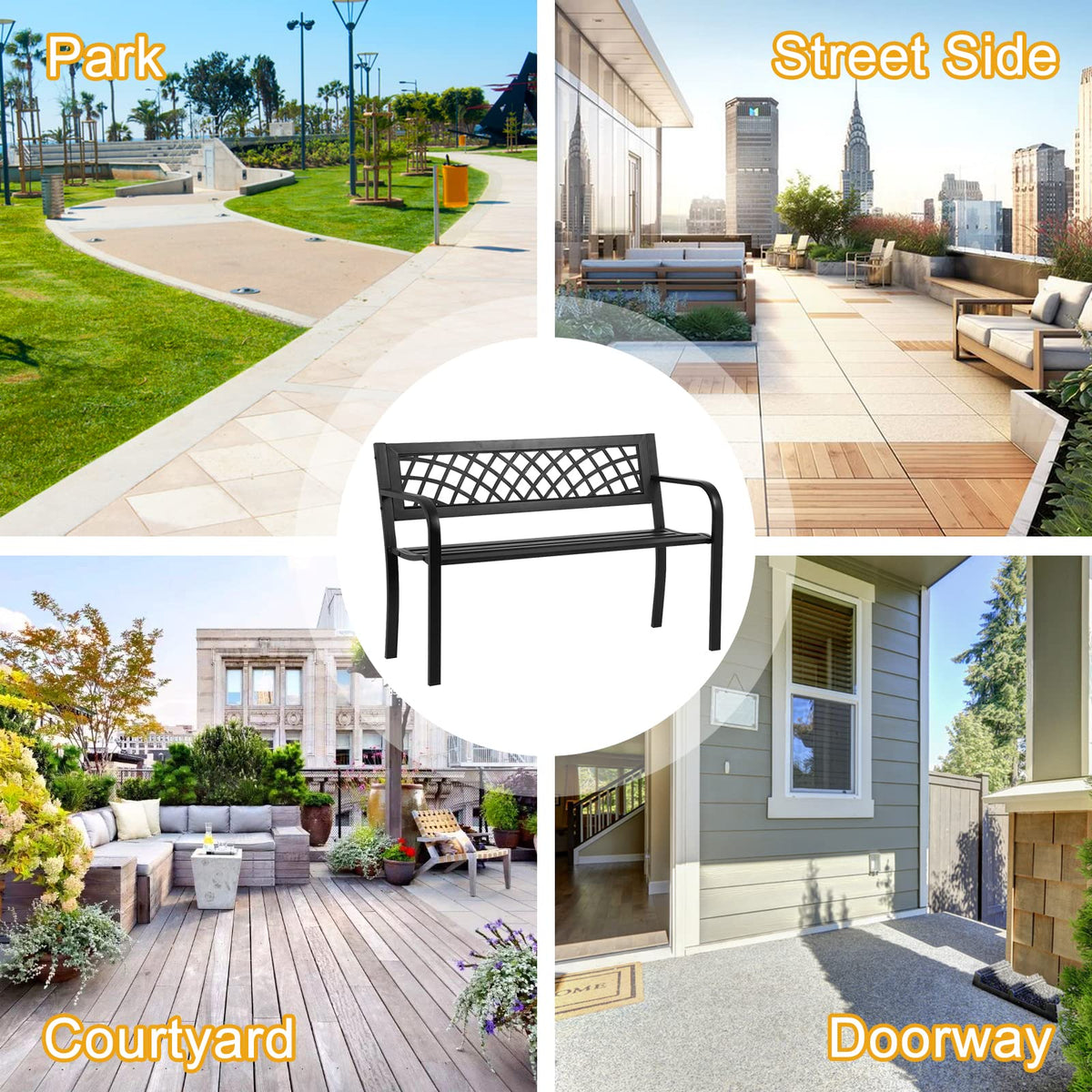 Black Cast Iron Outdoor Garden Bench with Mesh Backrest E2816