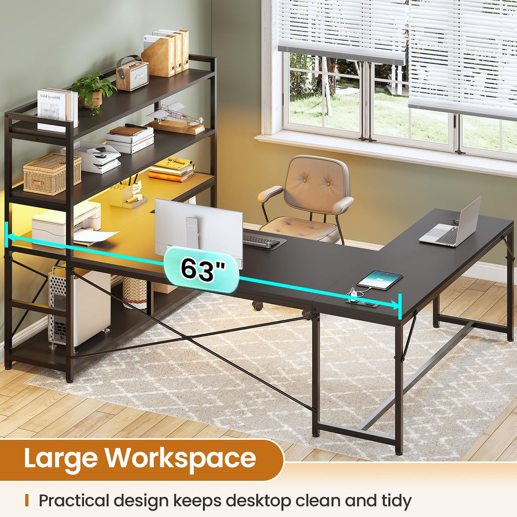 Black L Shaped Gaming Desk with Power Outlet and Storage Shelves X515138