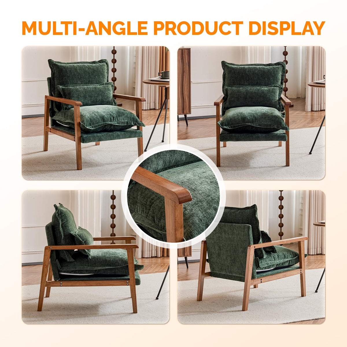 Dark Green Chenille Accent Armchairs Set of 2 with Lumbar Pillow M2915