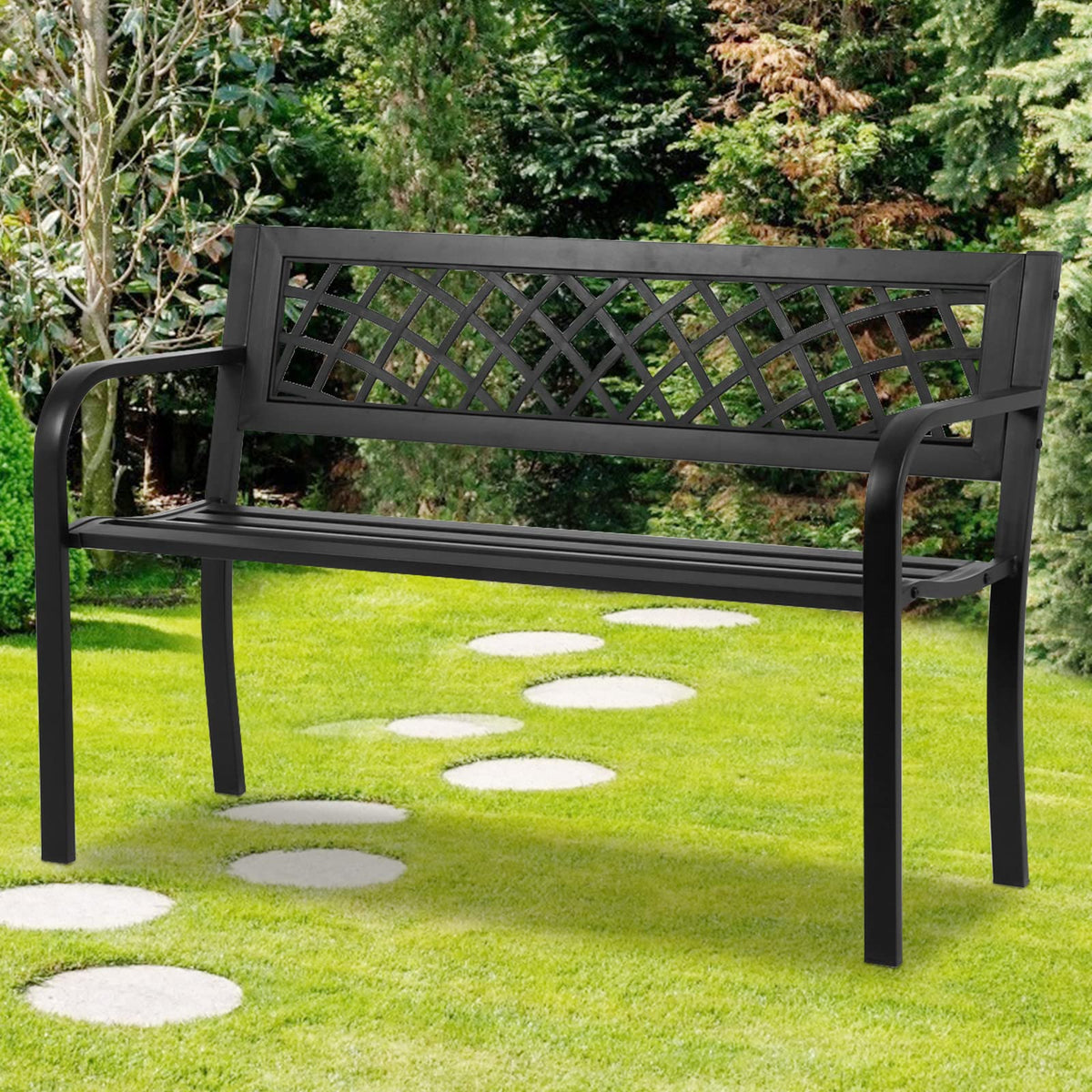 Black Cast Iron Outdoor Garden Bench with Mesh Backrest E2816