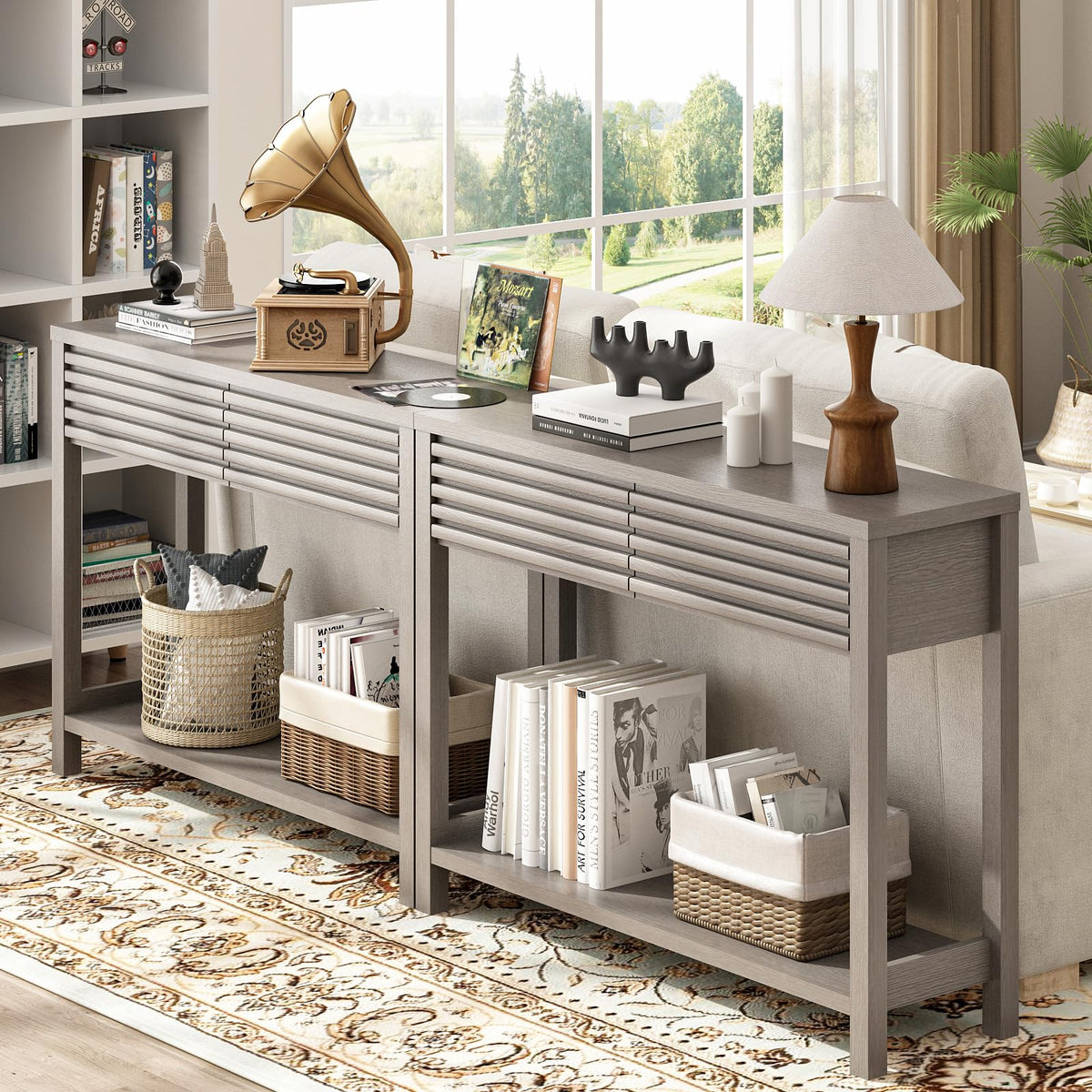 Oak Gray Fluted Console Table with Drawers B360709