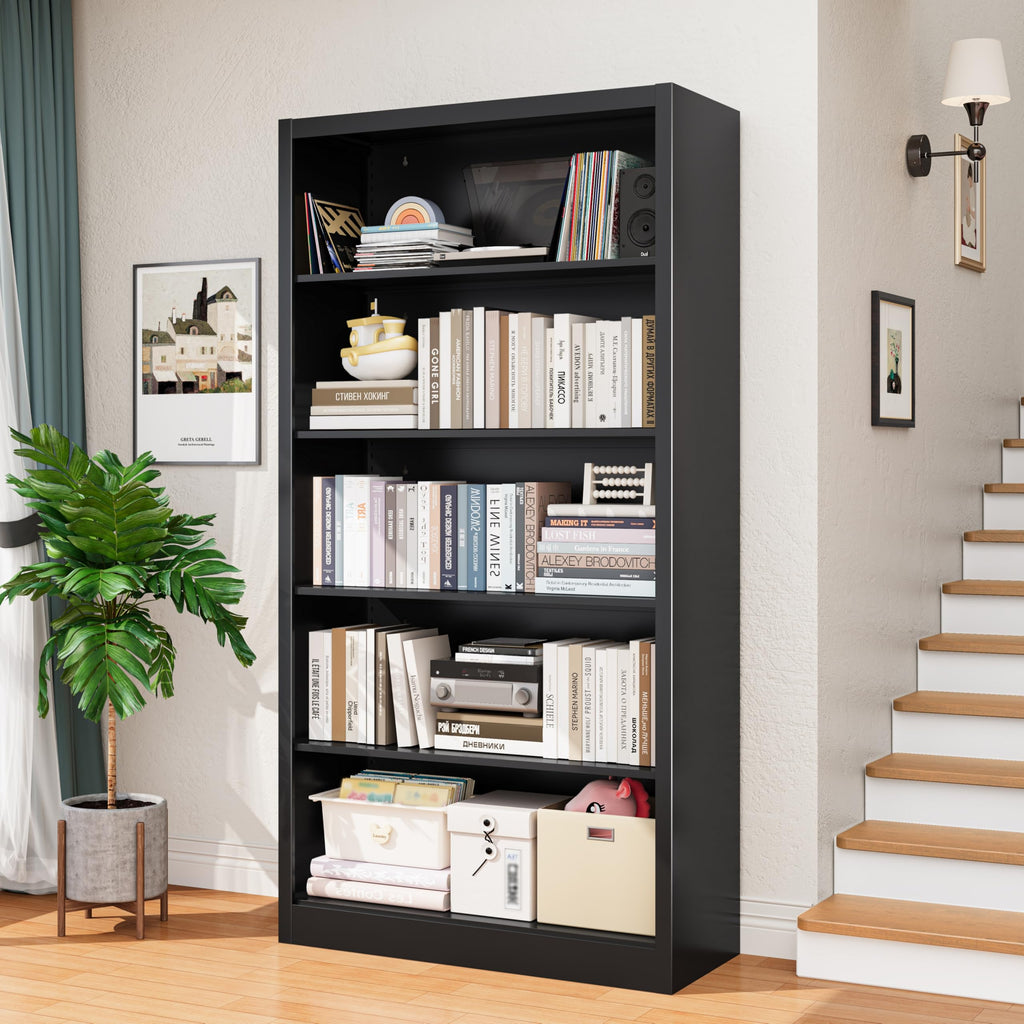 Black 5-Tier Adjustable Metal Bookshelf I98330