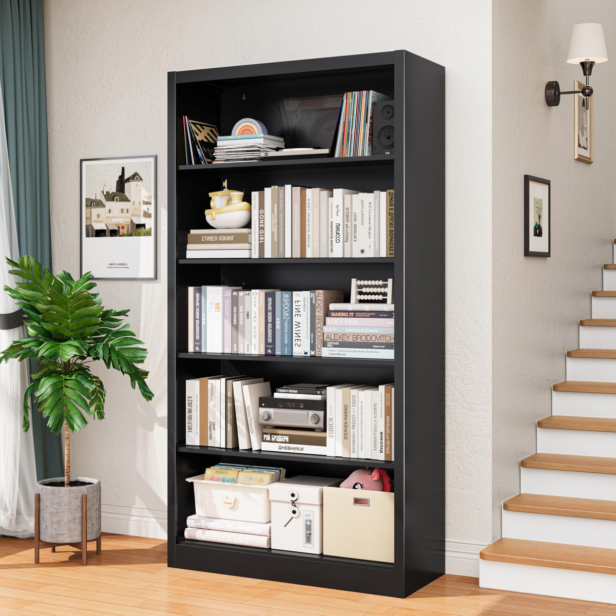 Black 5-Tier Adjustable Metal Bookshelf I98330