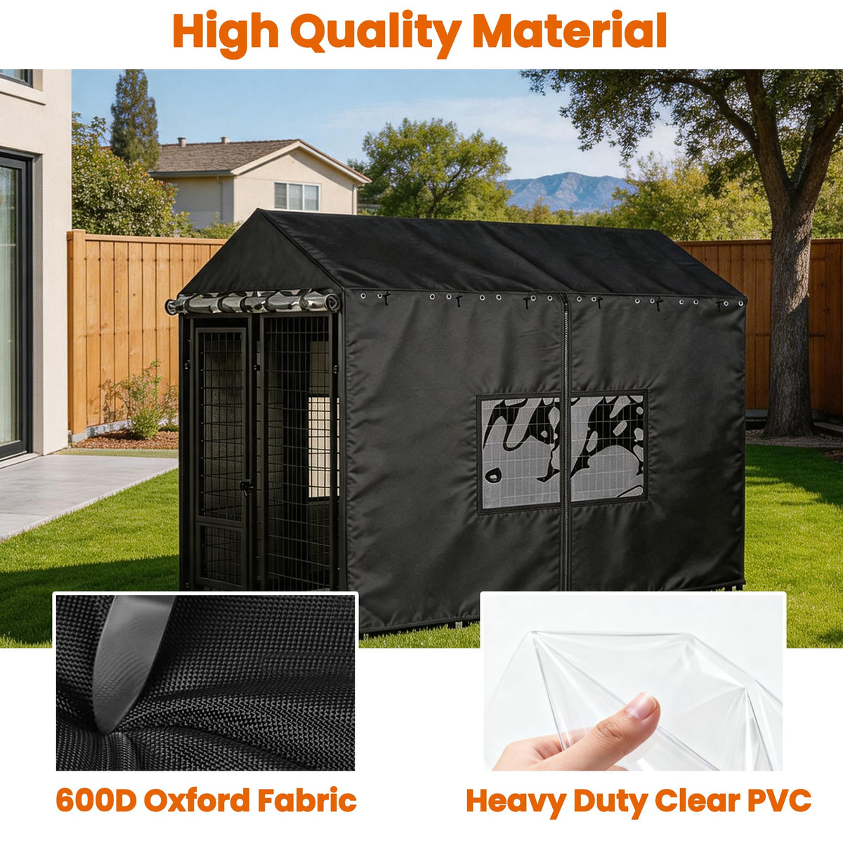 Outdoor Dog Kennel Cover with Clear PVC Windows & Roll-Up Panels P862549