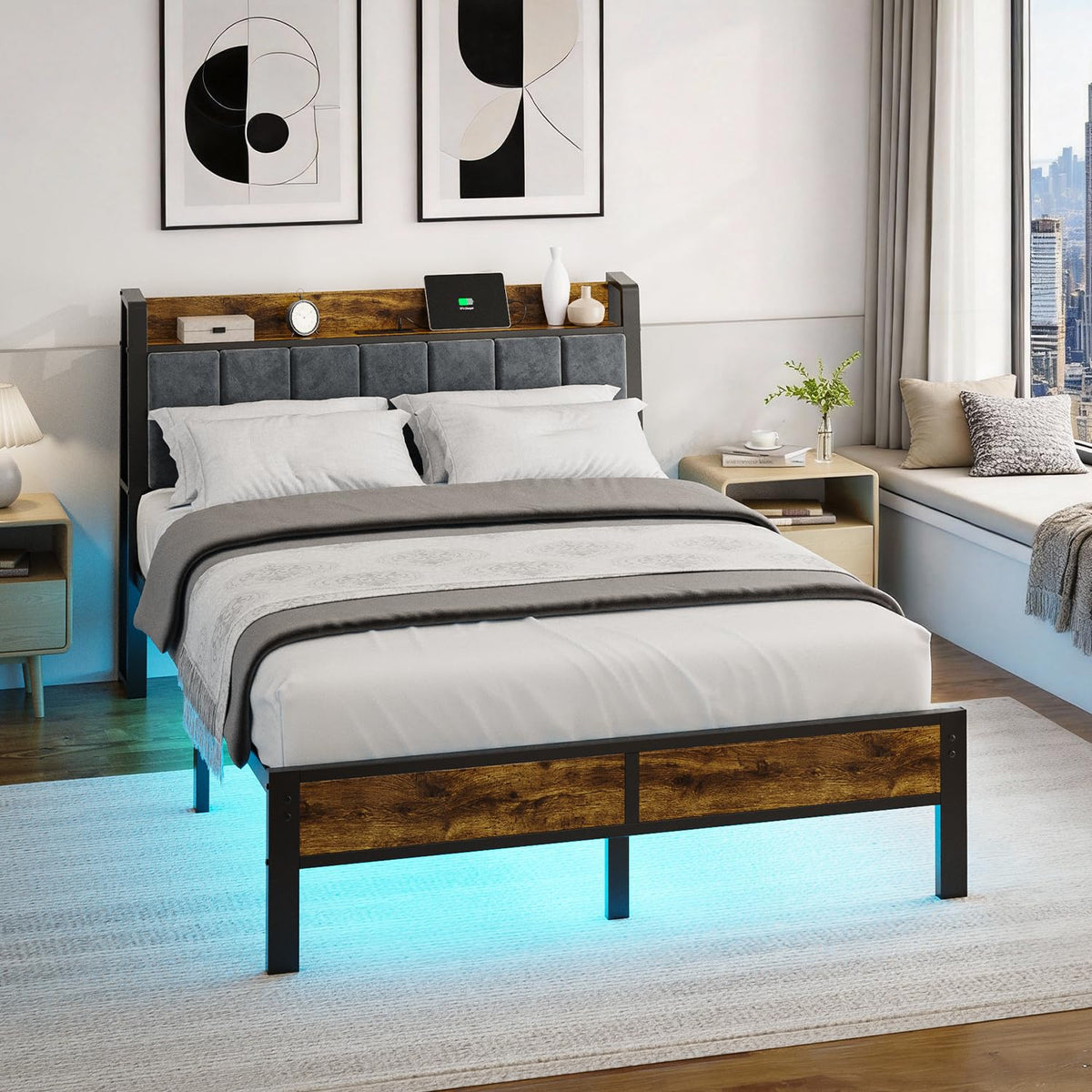 Full Size Bed Frame with LED Light and Charging Station X931
