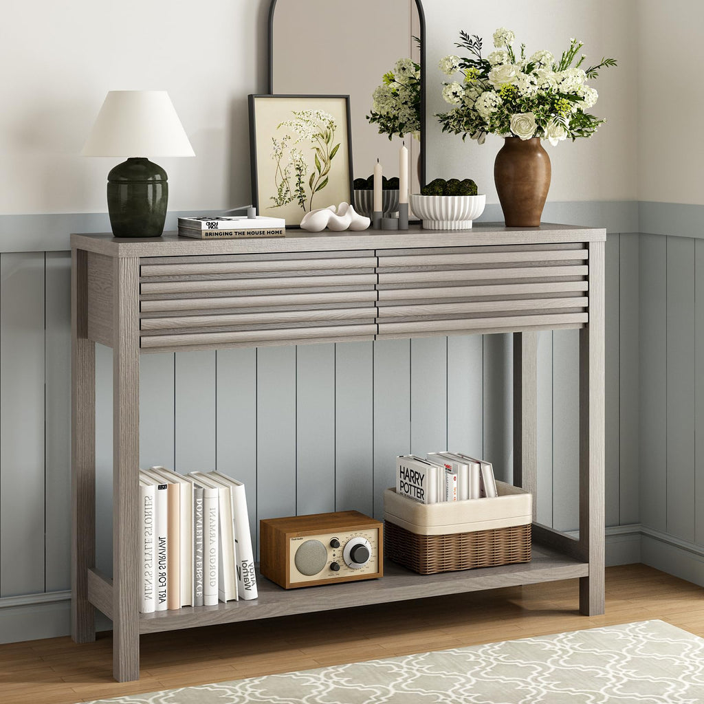 Oak Gray Fluted Console Table with Drawers B360709