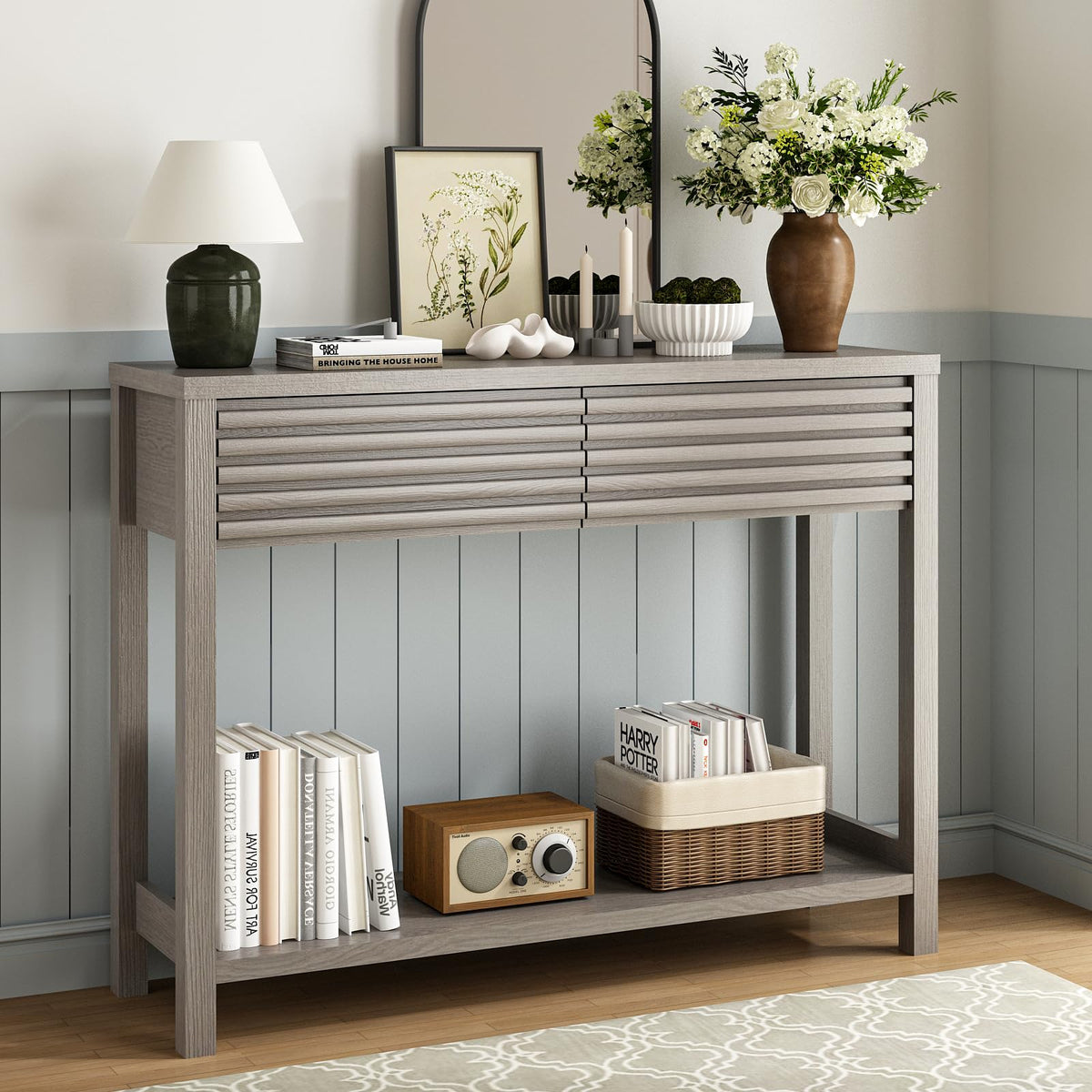 Oak Gray Fluted Console Table with Drawers B360709