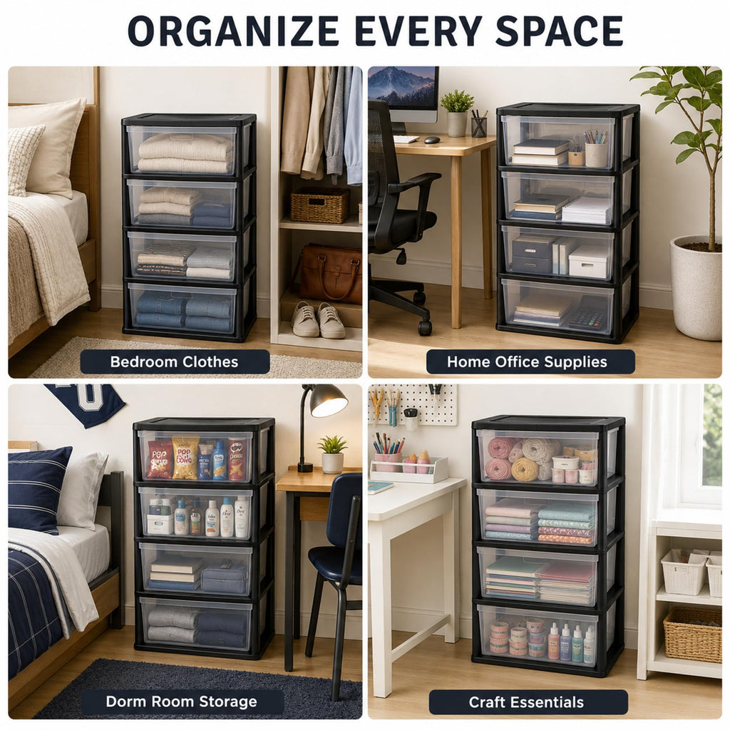 Wide 4 Drawer Plastic Storage Tower Organizer J785