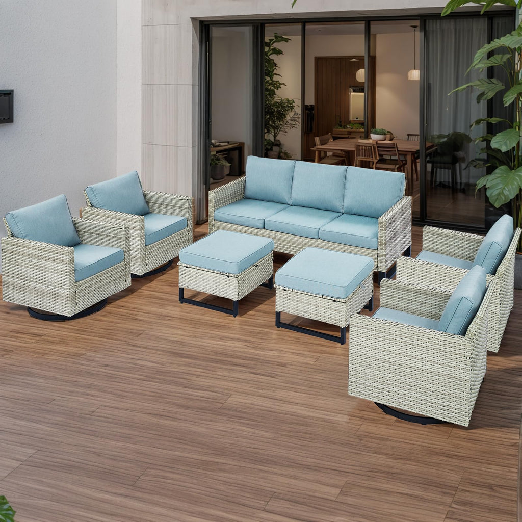 7 Piece Wicker Patio Conversation Set with Swivel Rocker Chairs and Ottoman J29885