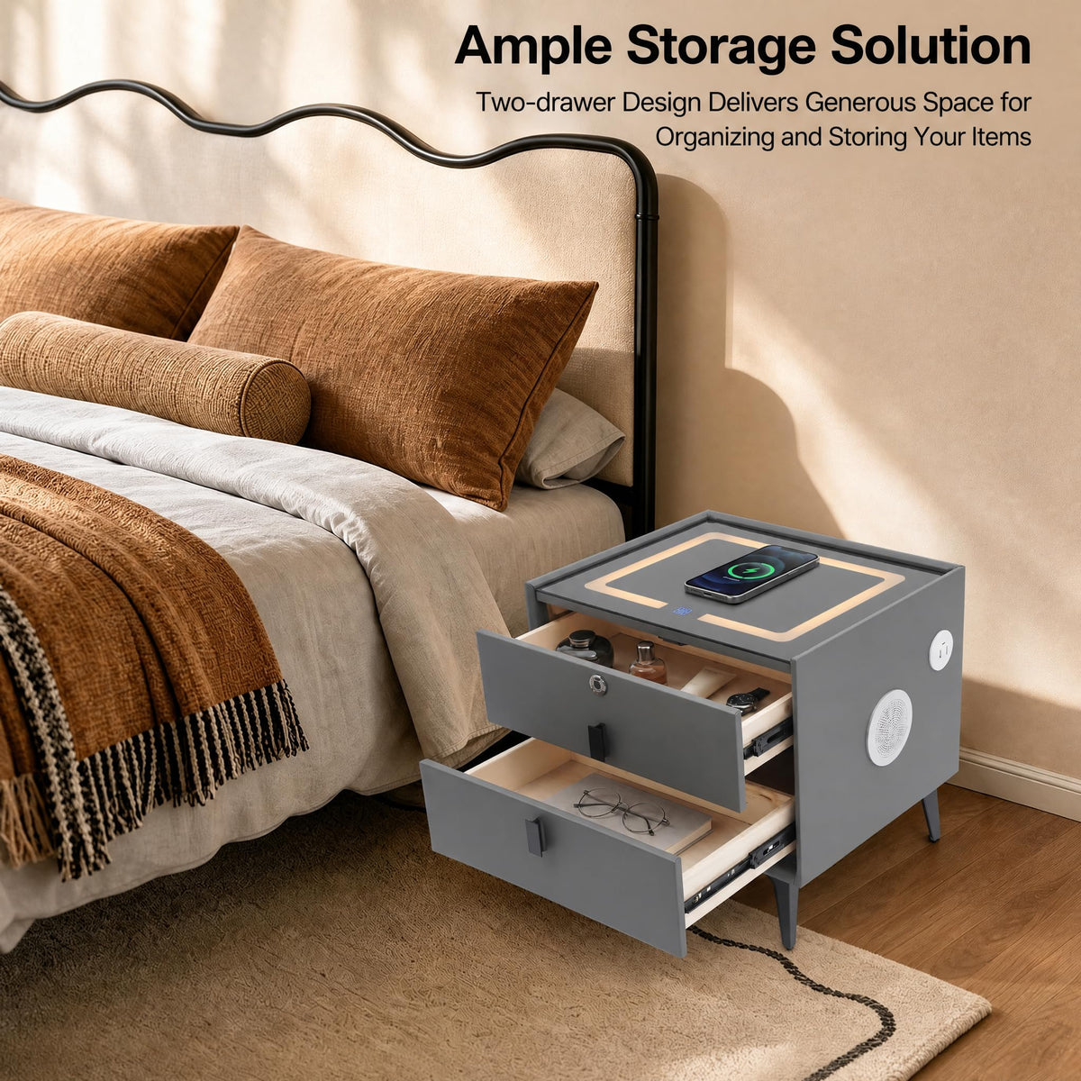 Nightstand with Charging Station, 2 Drawers, Fingerprint Lock, LED Light I392