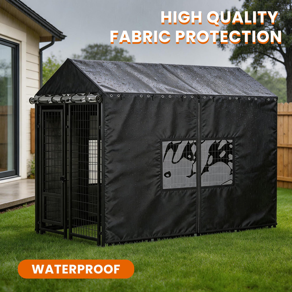 Outdoor Dog Kennel Cover with Clear PVC Windows & Roll-Up Panels P862549