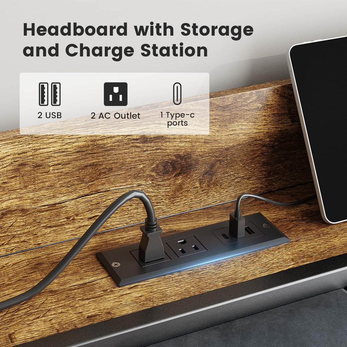 Full Size Bed Frame with LED Light and Charging Station X931