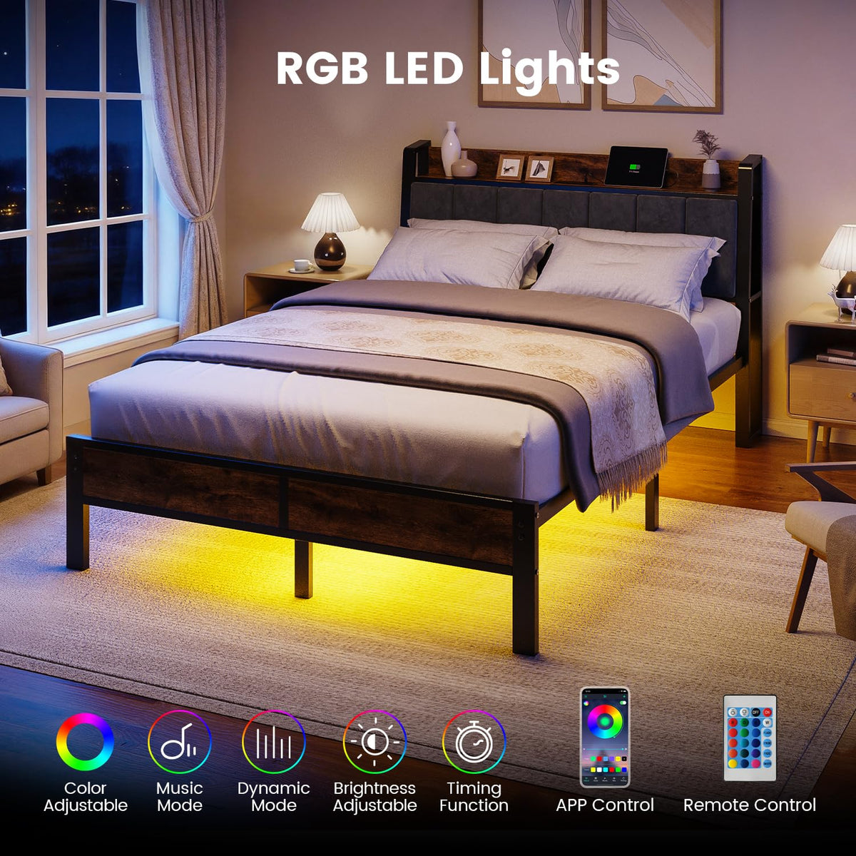Full Size Bed Frame with LED Light and Charging Station X931