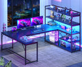 Black L Shaped Gaming Desk with Power Outlet and Storage Shelves X515138