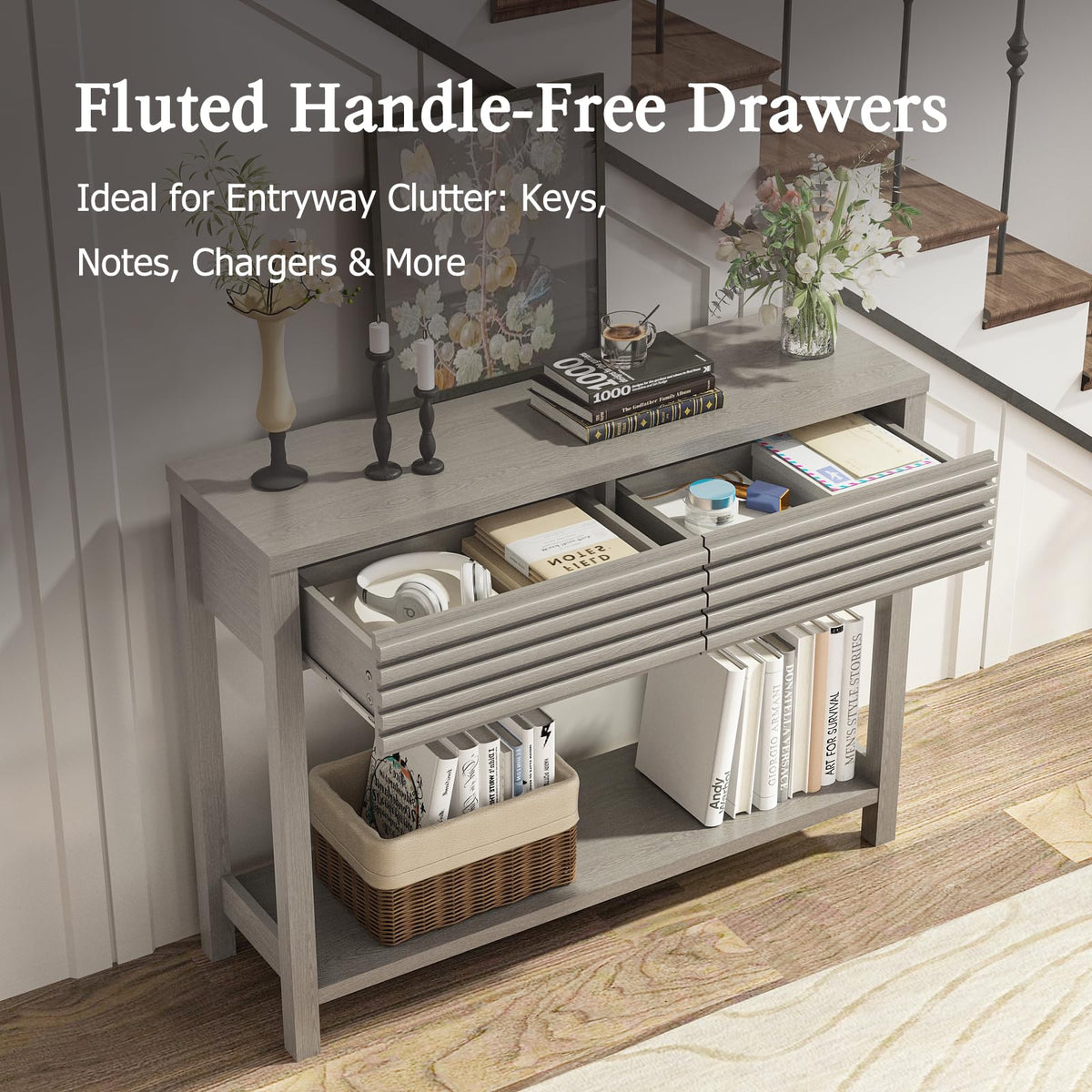 Oak Gray Fluted Console Table with Drawers B360709