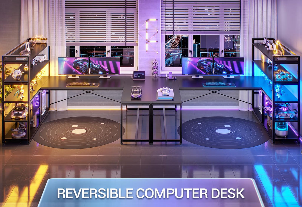 Black L Shaped Gaming Desk with Power Outlet and Storage Shelves X515138
