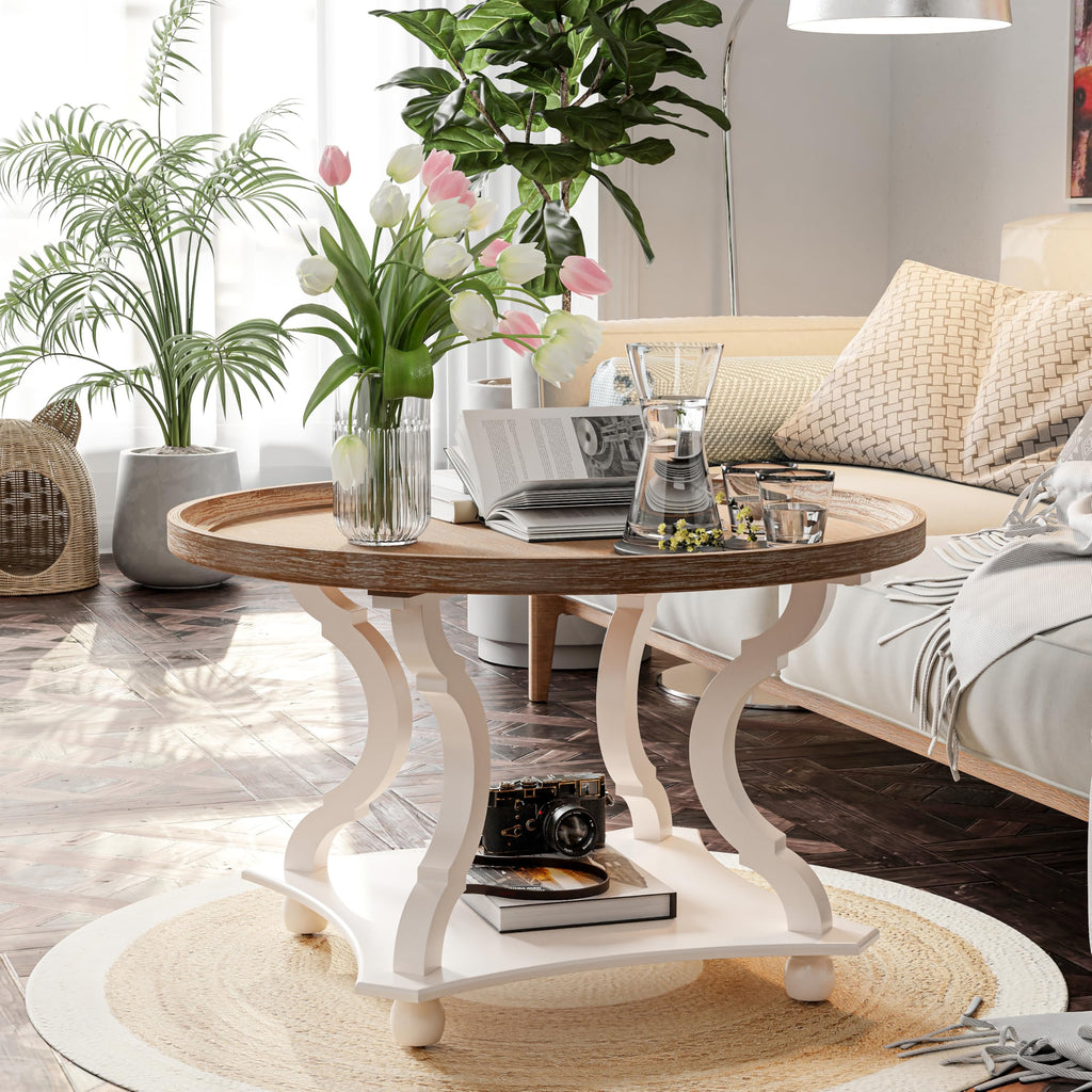 Round White Coffee Table with Tray Top O364345