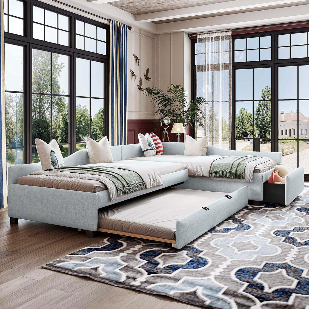 Beige Linen Upholstered Double Twin Size Daybed with Trundle and Drawer R8997