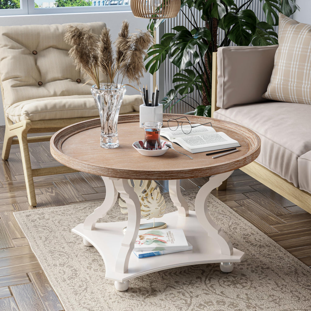 Round White Coffee Table with Tray Top O364345