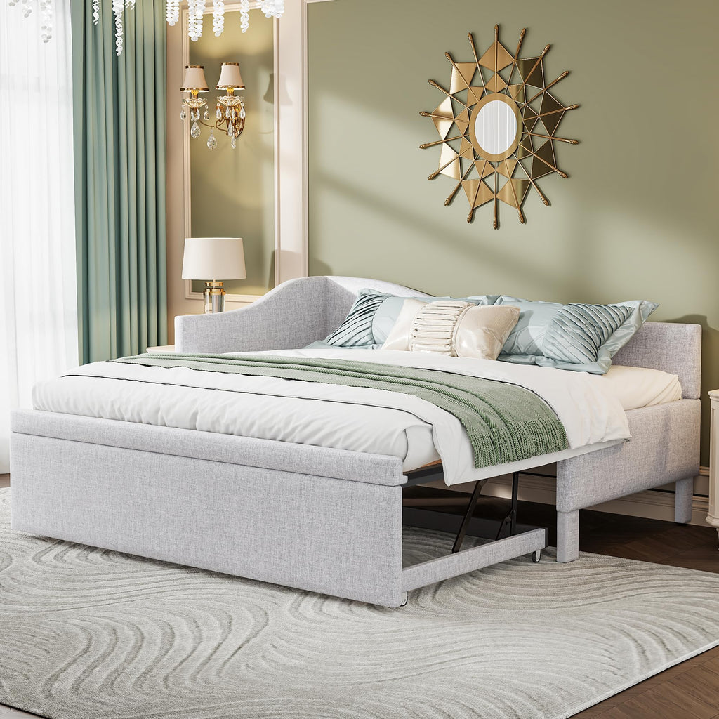 Beige Linen Upholstered Twin Size L-Shaped Daybed with Pop Up Trundle A578519
