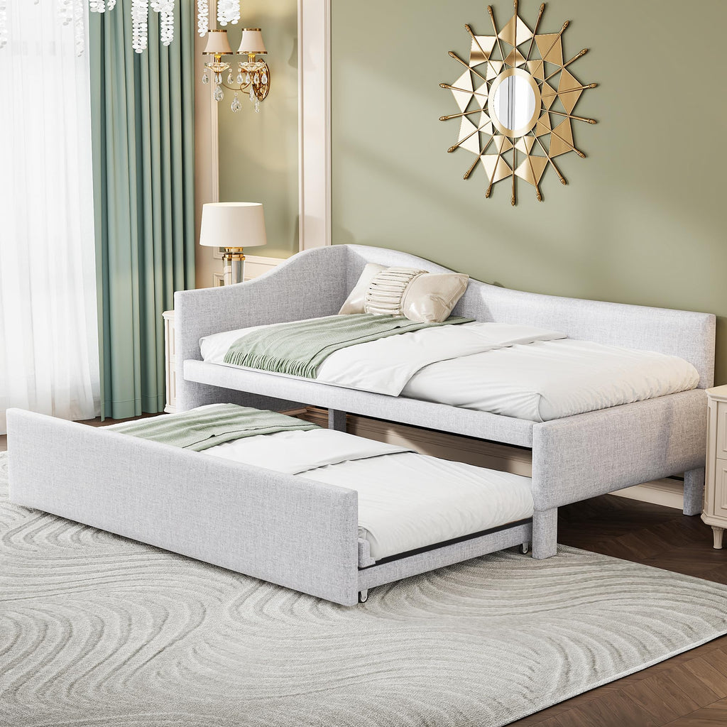 Beige Linen Upholstered Twin Size L-Shaped Daybed with Pop Up Trundle A578519