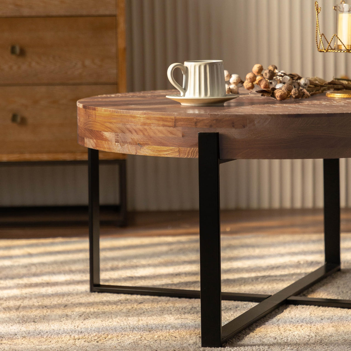 Round Wood Coffee Table with Metal Base B4672