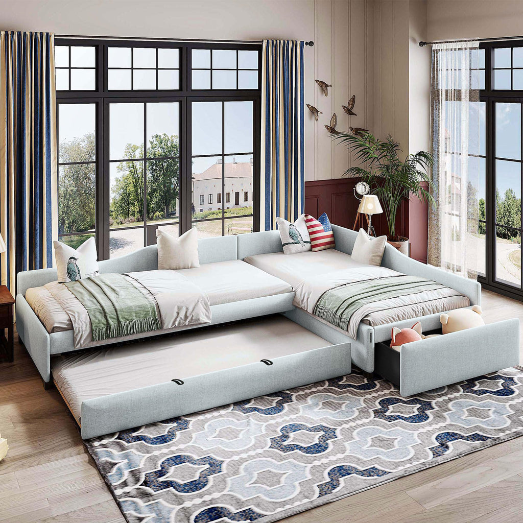 Beige Linen Upholstered Double Twin Size Daybed with Trundle and Drawer R8997