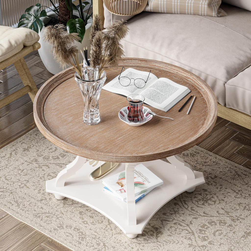 Round White Coffee Table with Tray Top O364345