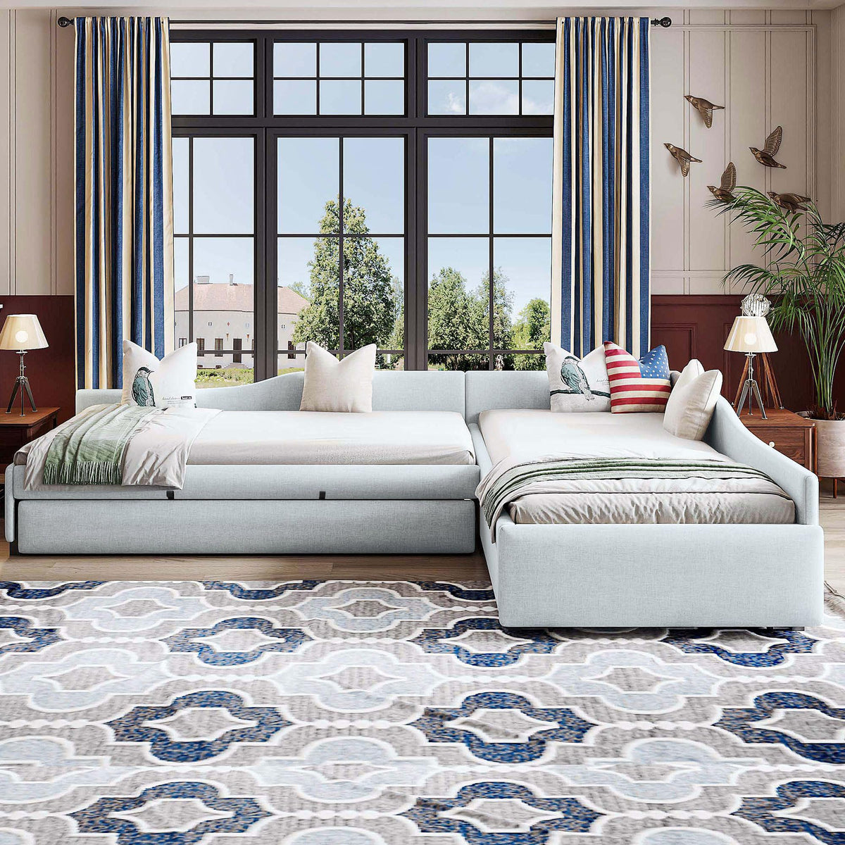 Beige Linen Upholstered Double Twin Size Daybed with Trundle and Drawer R8997
